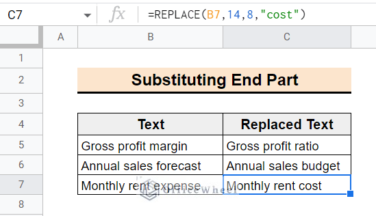 result of using the replace function in google sheets
