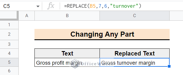 result of using replace function in google sheets to change any part of text