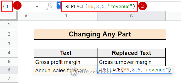 inputting replace function to replace any part of the text in google sheets
