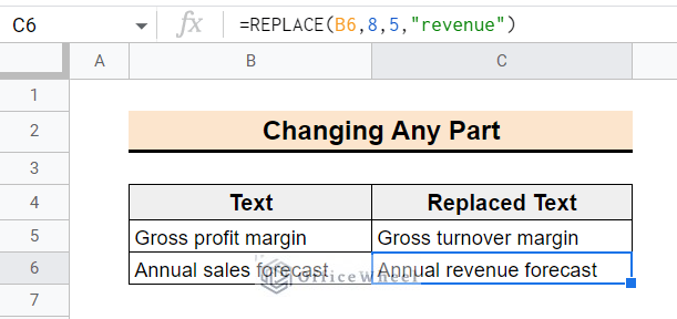 result after using the replace function in google sheets