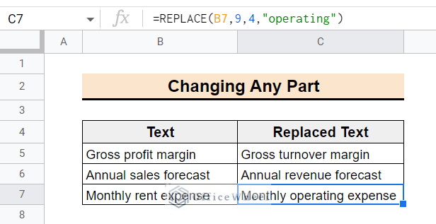Result of using the replace function to change any part of text in Google sheets