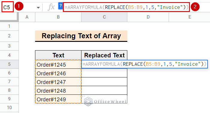inserting formula with combination of ARRAYFORMULA and REPLACE function in Google sheets