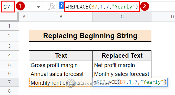 using formula using replace function for replacing text from beginning