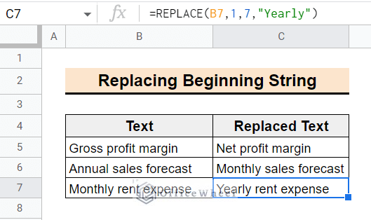 final result of using replace function to replace beginning text in google sheets