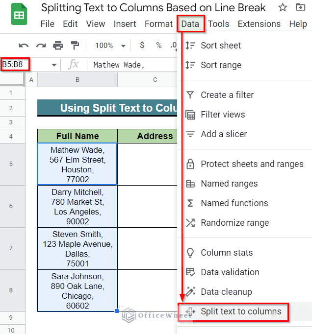 Using Split Text to Columns Command to Split Text to Columns Based on Line Break in Google Sheets