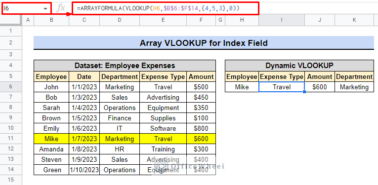 application of arrayfromula with google sheet vlookup dynamic index field