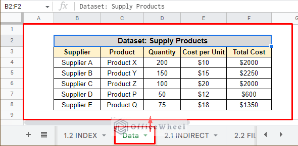 data in a seperate sheet in google sheets