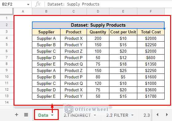 dataset of supply products in a different sheet