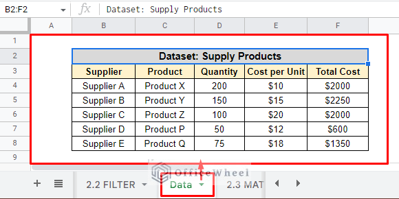 dataset for supply products in google sheets