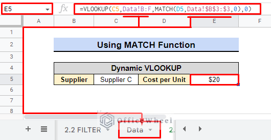 result from using match function with vlookup