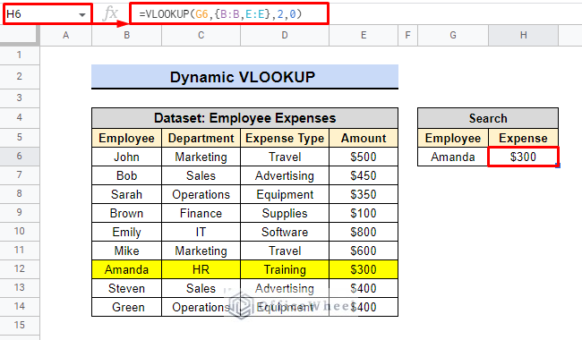 example of dynamic vlookup in google sheets