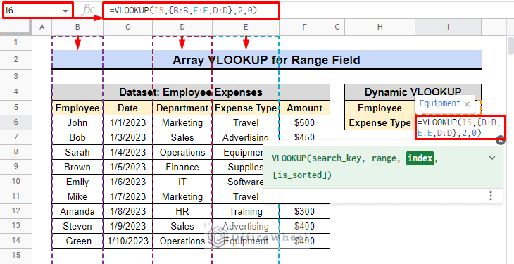 using formula for vlookup dynamic range field