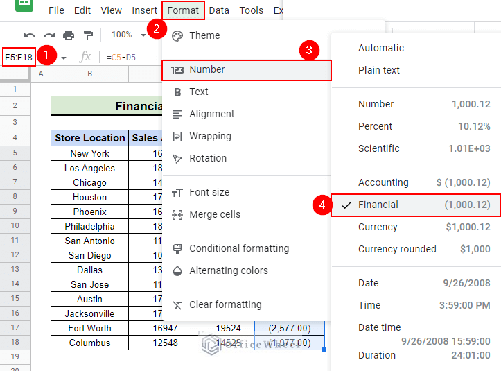 select financial number format from format menu