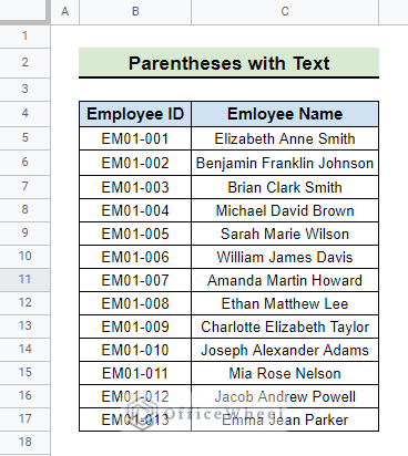 dataset for parentheses with text in google sheets