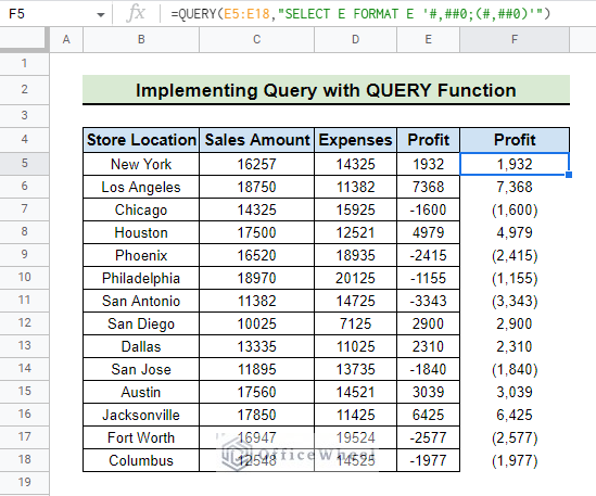 final result after applying query function to add parentheses around negative numbers in google sheets