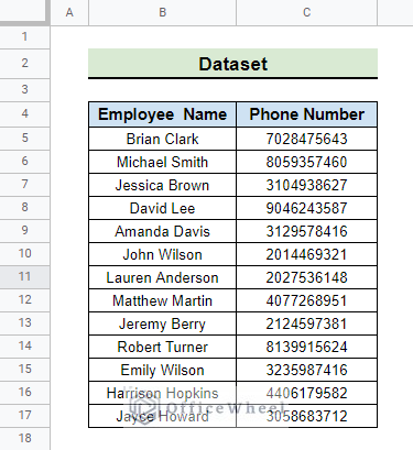 dataset used to customize phone numbers with parentheses applying regexreplace in google sheets