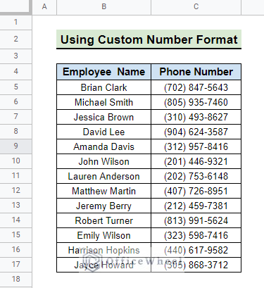 final result after using custom number format to add parentheses in google sheets