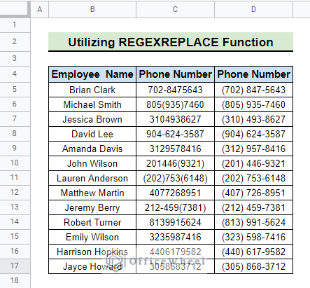 final result after using regexreplace to customize any phone number formats with parentheses