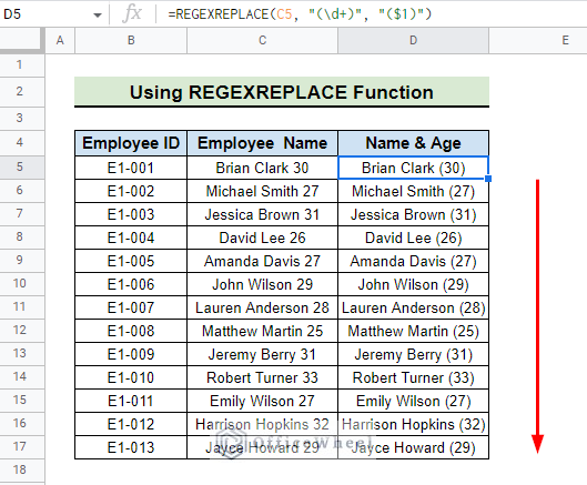 final result after applying regexreplace function to add parentheses in google sheets