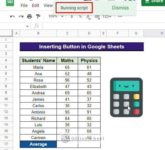 clicking on the button to run the script in google sheets