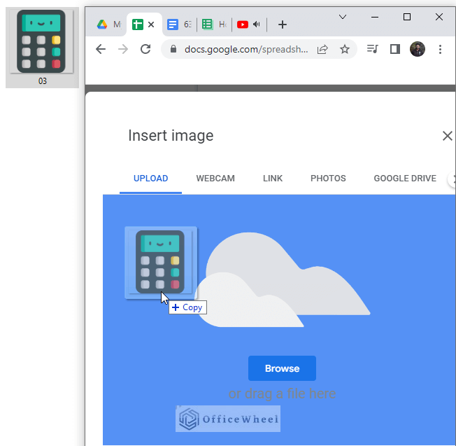 dragging image to insert button in google sheets