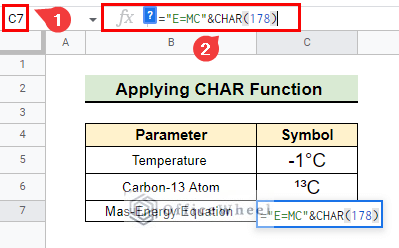 Applying CHAR function with ASCII code to insert Mass-Energy Equation
