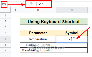 Inserting degree sign using keyboard shortcut in Google Sheets