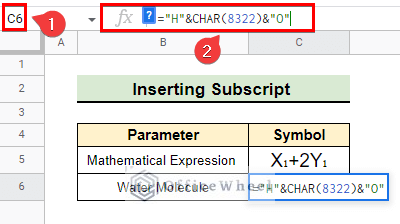 Inserting symbol of water molecule using CHAR function in Google Sheets