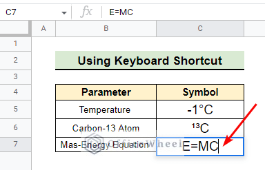 Inserting Mass-Energy Equation in Google Sheets