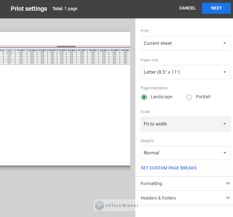 how to print google sheets on one page