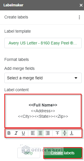Clicking on Create Labels