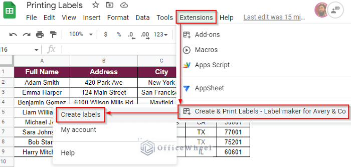 Launching Create and Print Labels Add-on to Print Labels from Google Sheets