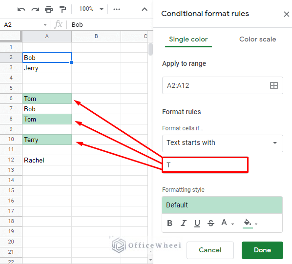 Example of applying conditional formatting in google sheets